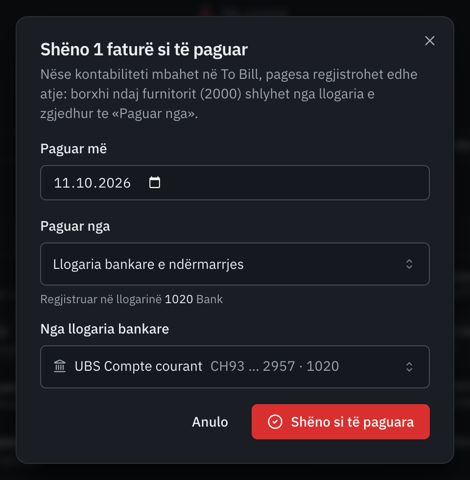Dritarja Shëno 1 faturë si të paguar: data e pagesës, Paguar nga Llogaria bankare e ndërmarrjes, e regjistruar në llogarinë 1020, dhe llogaria bankare UBS Compte courant.