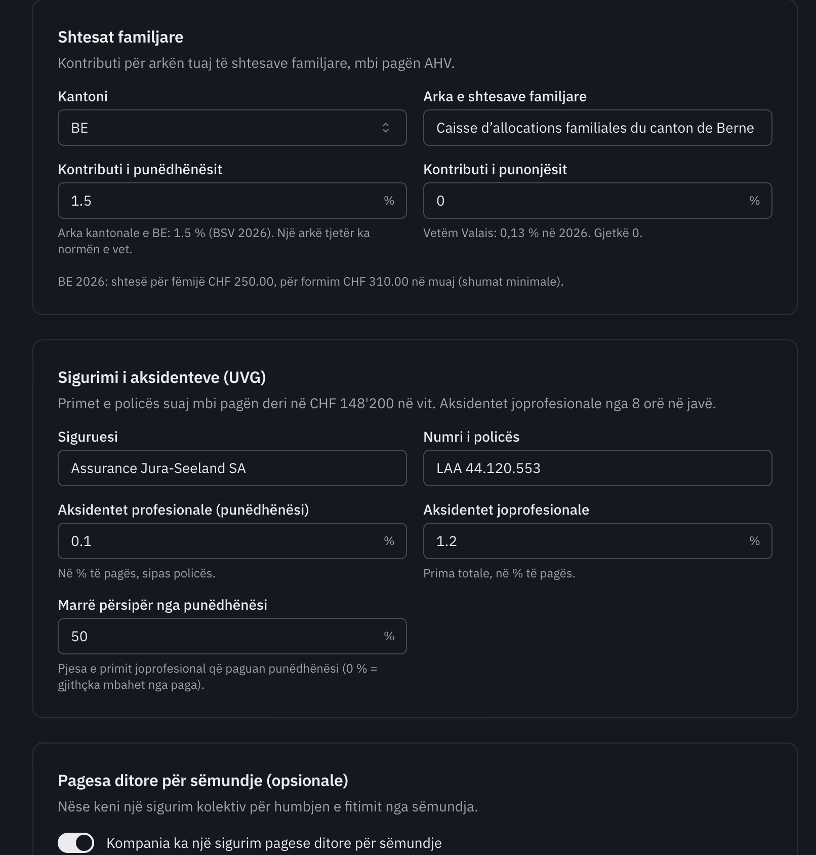 Seksionet Shtesat familjare dhe Sigurimi i aksidenteve (UVG): kantoni, arka, normat e punëdhënësit dhe të punonjësit, primet e policës.
