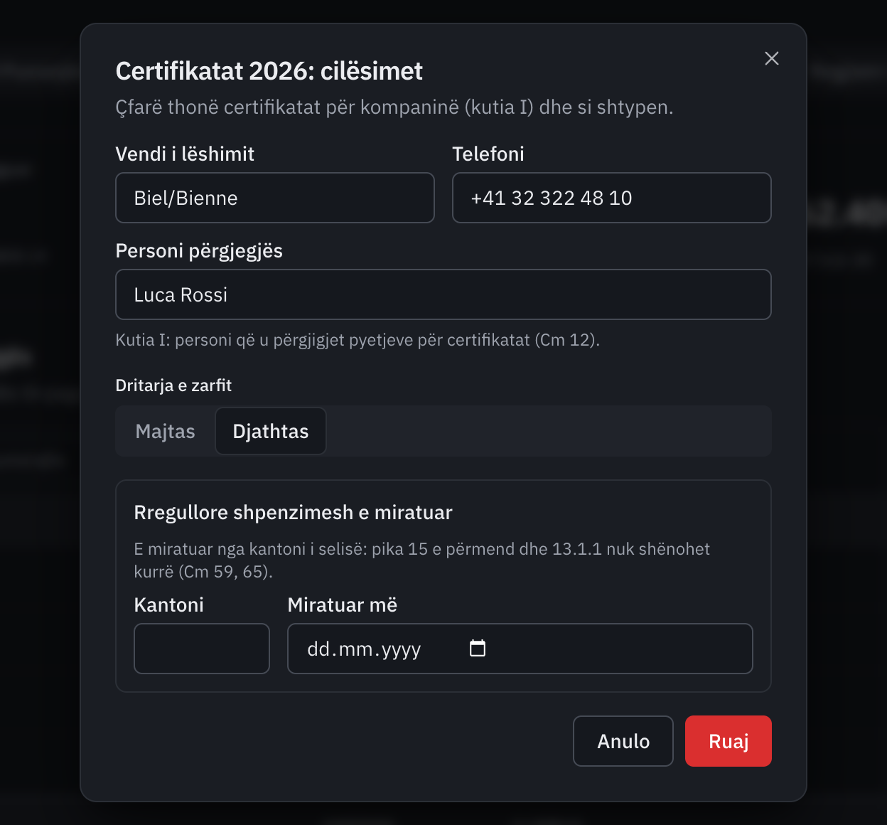 Dritarja Certifikatat 2026: cilësimet: vendi i lëshimit, telefoni, personi përgjegjës, dritarja e zarfit dhe rregullorja e miratuar e shpenzimeve.