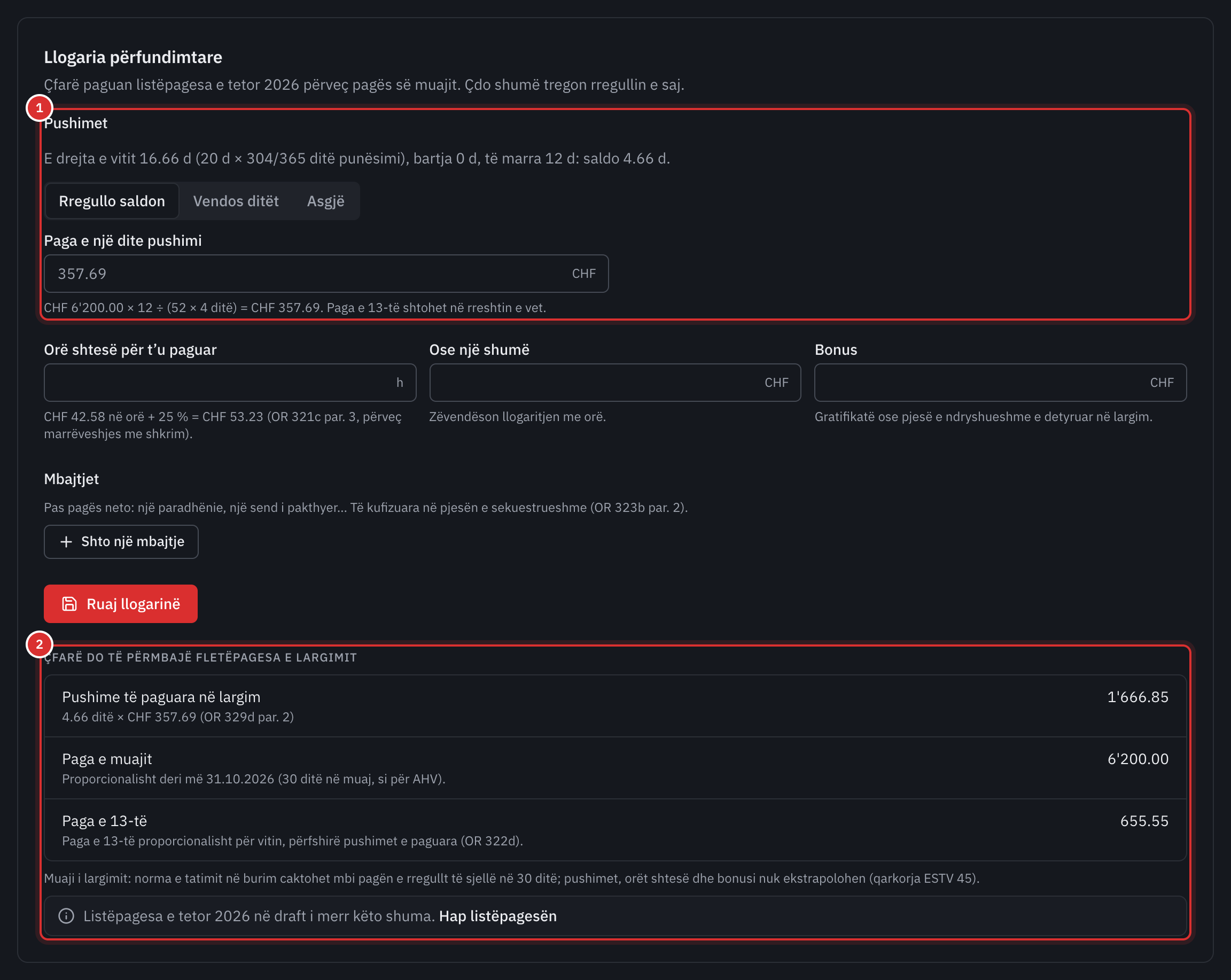 Llogaria përfundimtare: saldoja e pushimeve prej 4,66 ditësh për t'u rregulluar, paga e një dite pushimi me llogaritjen e saj, orët shtesë, bonusi, mbajtjet, pastaj çfarë do të përmbajë fletëpagesa e largimit, rresht pas rreshti.