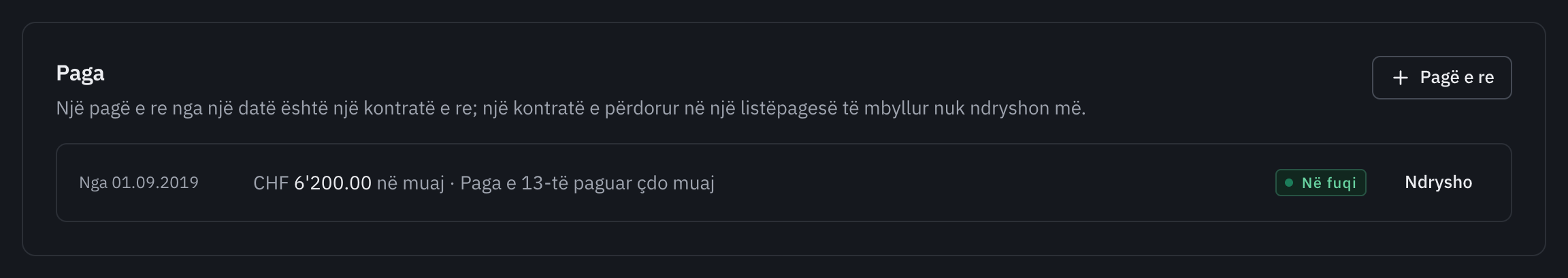 Seksioni Paga i një punonjësi: kontrata në fuqi dhe butoni Pagë e re.
