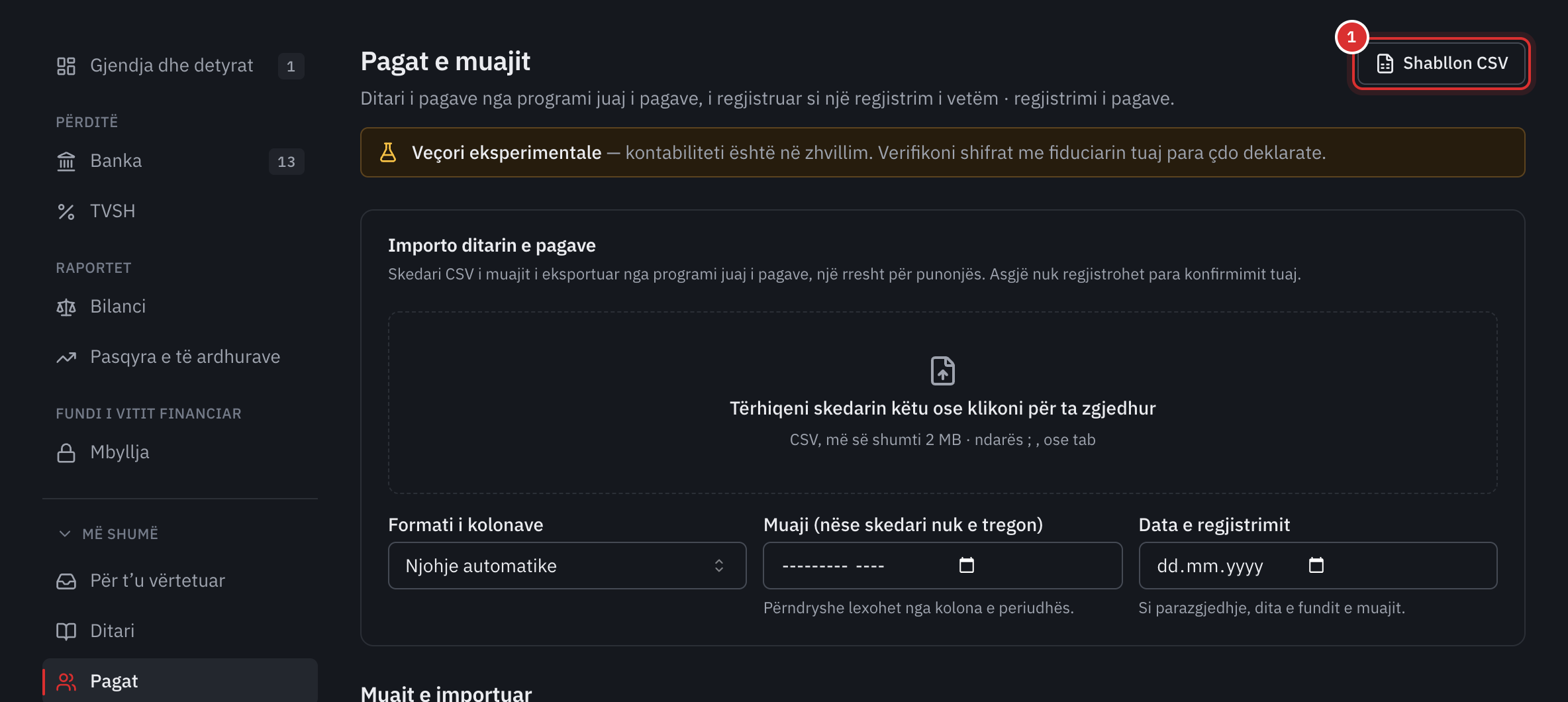 Faqja Pagat e muajit e kontabilitetit: zona për të lëshuar ditarin, formati i kolonave, muaji dhe data e regjistrimit.