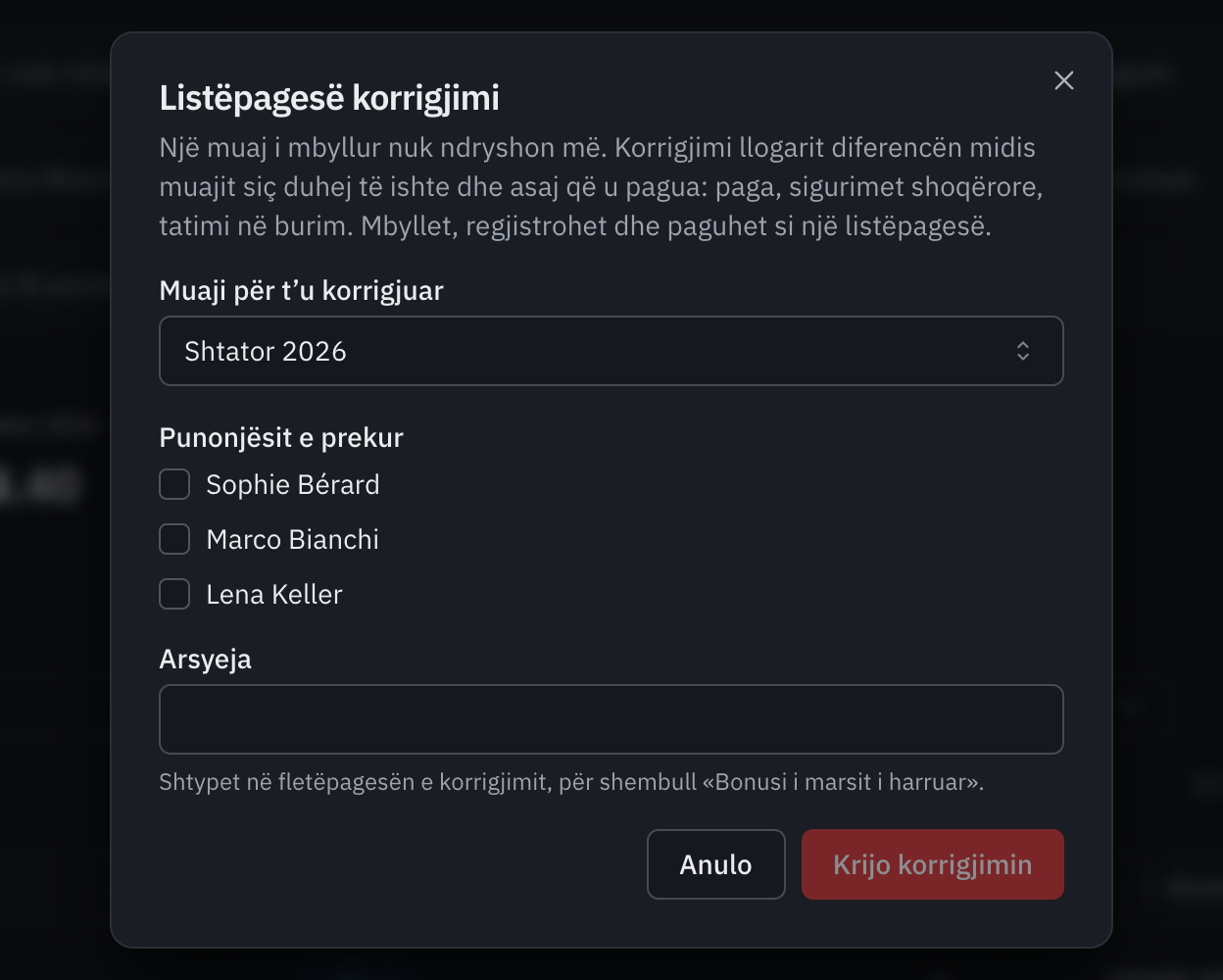 Dritarja Listëpagesë korrigjimi: muaji për t'u korrigjuar, punonjësit e prekur dhe arsyeja.
