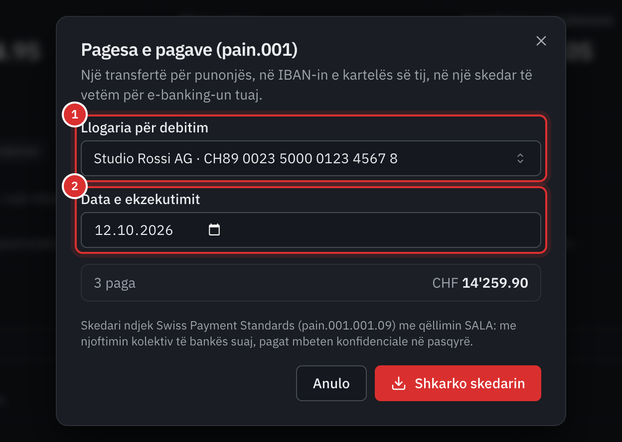 Dritarja e pagesës së pagave: llogaria për debitim, data e ekzekutimit, numri i pagave dhe totali.