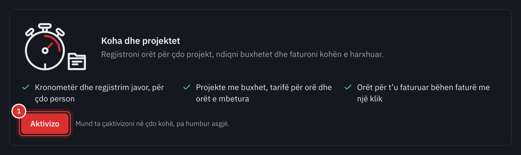 Karta Koha dhe projektet te Cilësimet, Modulet, me butonin Aktivizo.