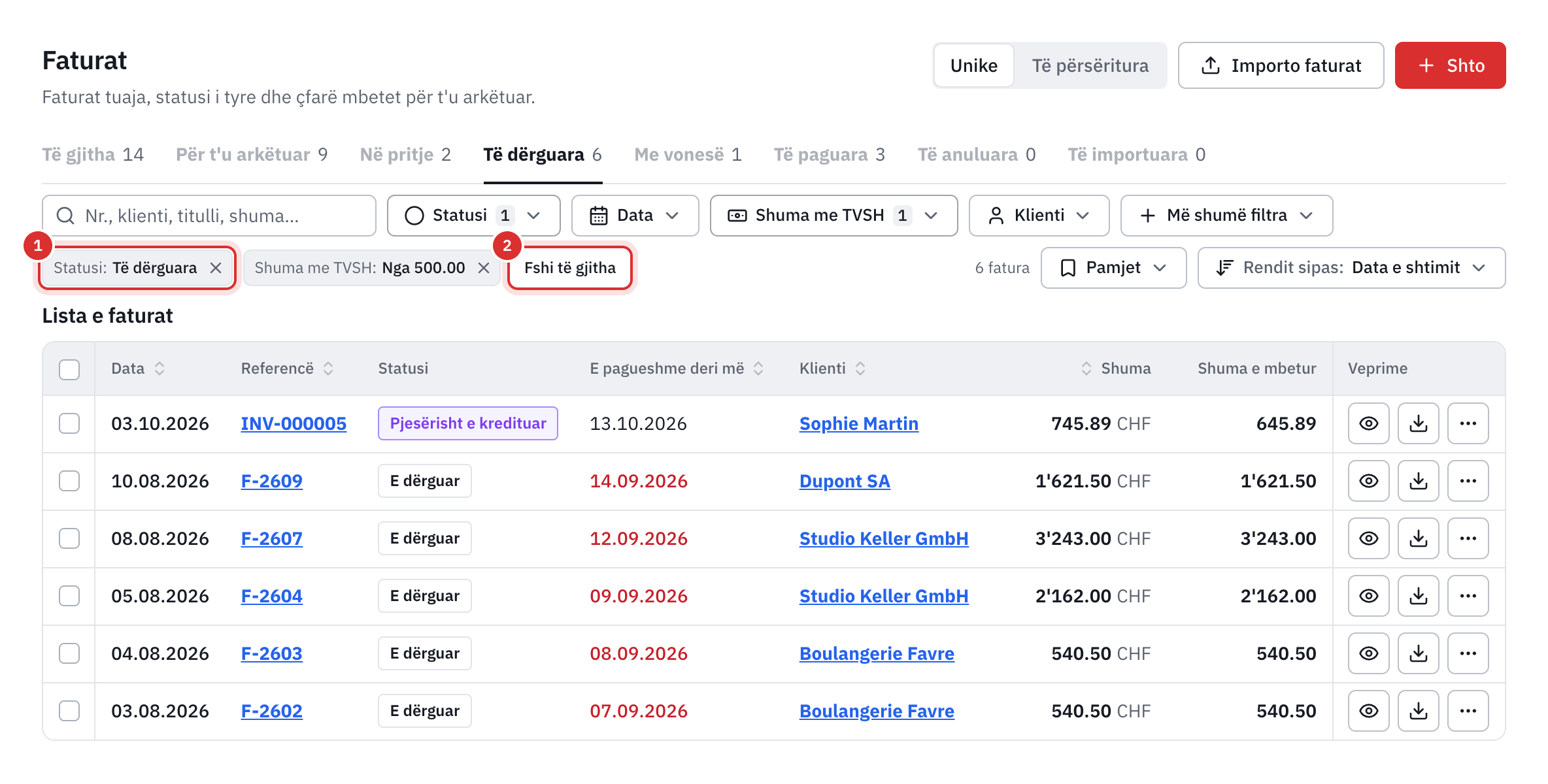Dy filtra aktivë, Statusi Të dërguara dhe Shuma me TVSH nga 500, me Fshi të gjitha dhe lista e reduktuar në pesë fatura.