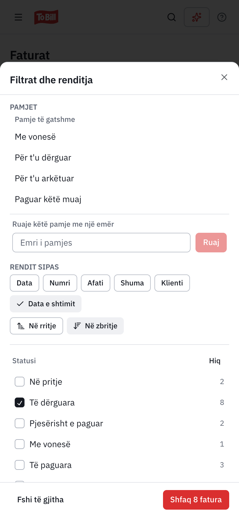 Paneli Filtrat dhe renditja në një telefon: pamjet, renditja dhe filtri Statusi, me butonin Shfaq 7 fatura.