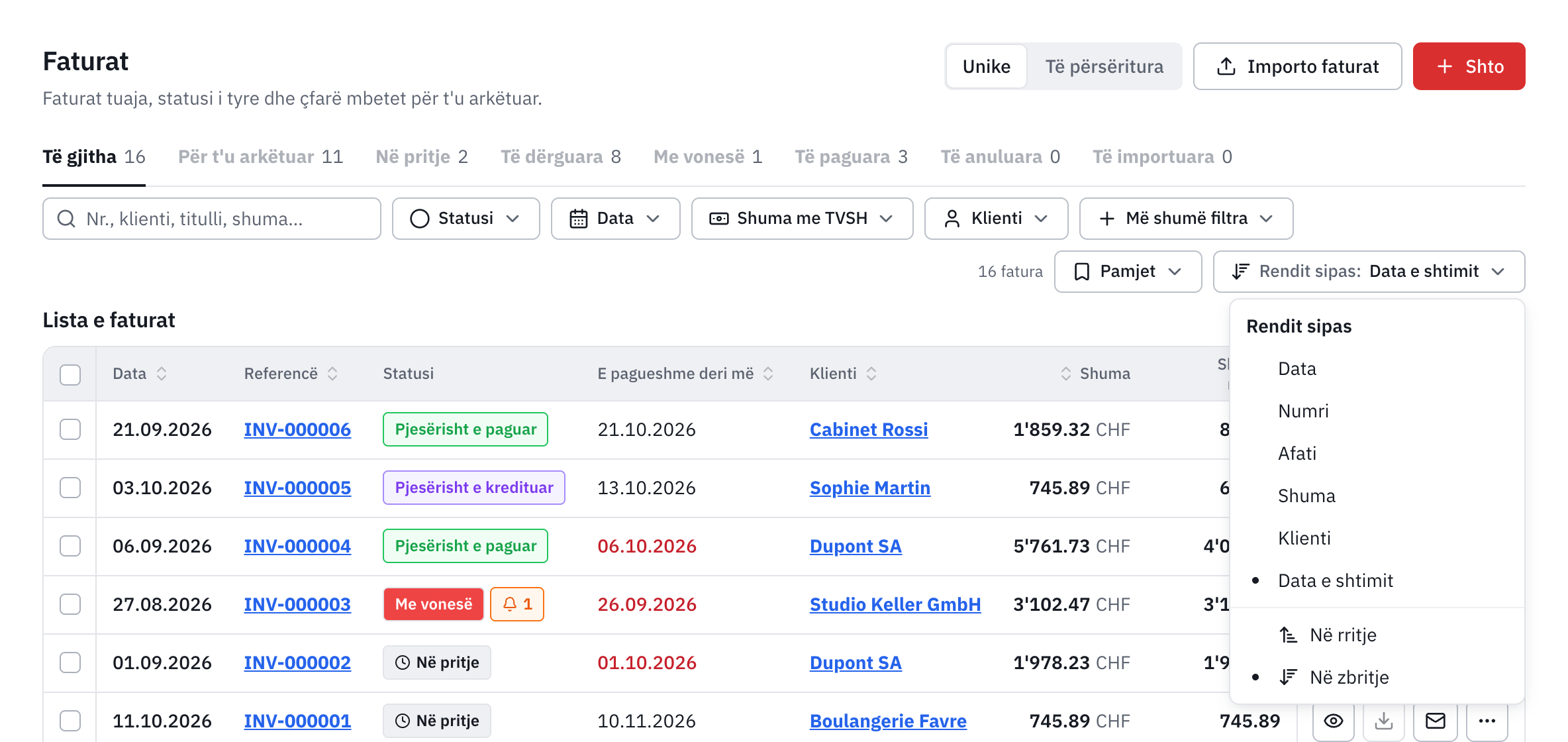Menyja Rendit sipas e hapur: Data, Numri, Afati, Shuma, Klienti, Data e shtimit, pastaj Në rritje dhe Në zbritje.
