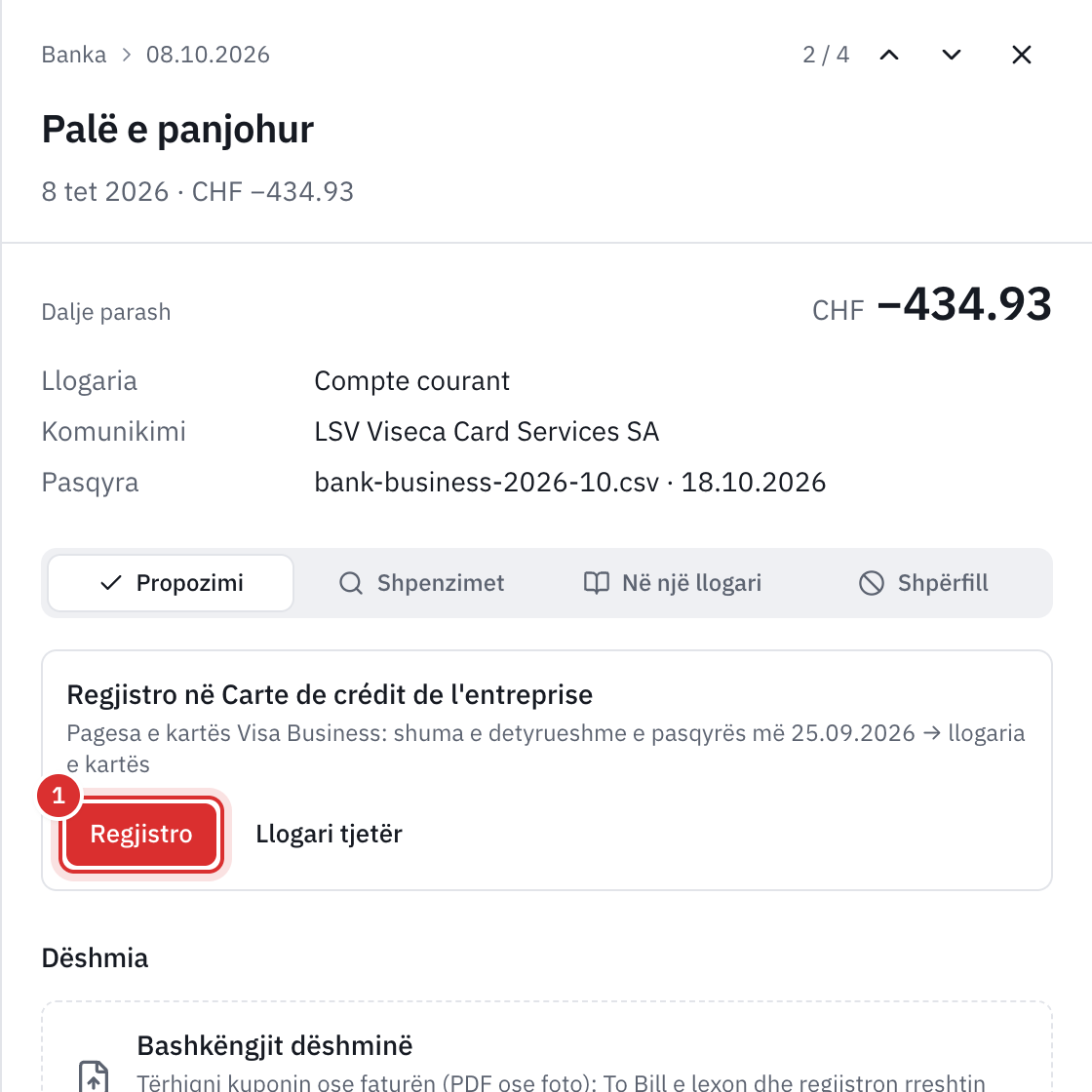 Paneli i një rreshti bankar prej 434.93, LSV Viseca Card Services SA: propozimi Regjistro te Karta e kreditit e ndërmarrjes, pagesa e kartës Visa Business, shuma e detyruar e pasqyrës së 25.09.2026, dhe butoni Regjistro.