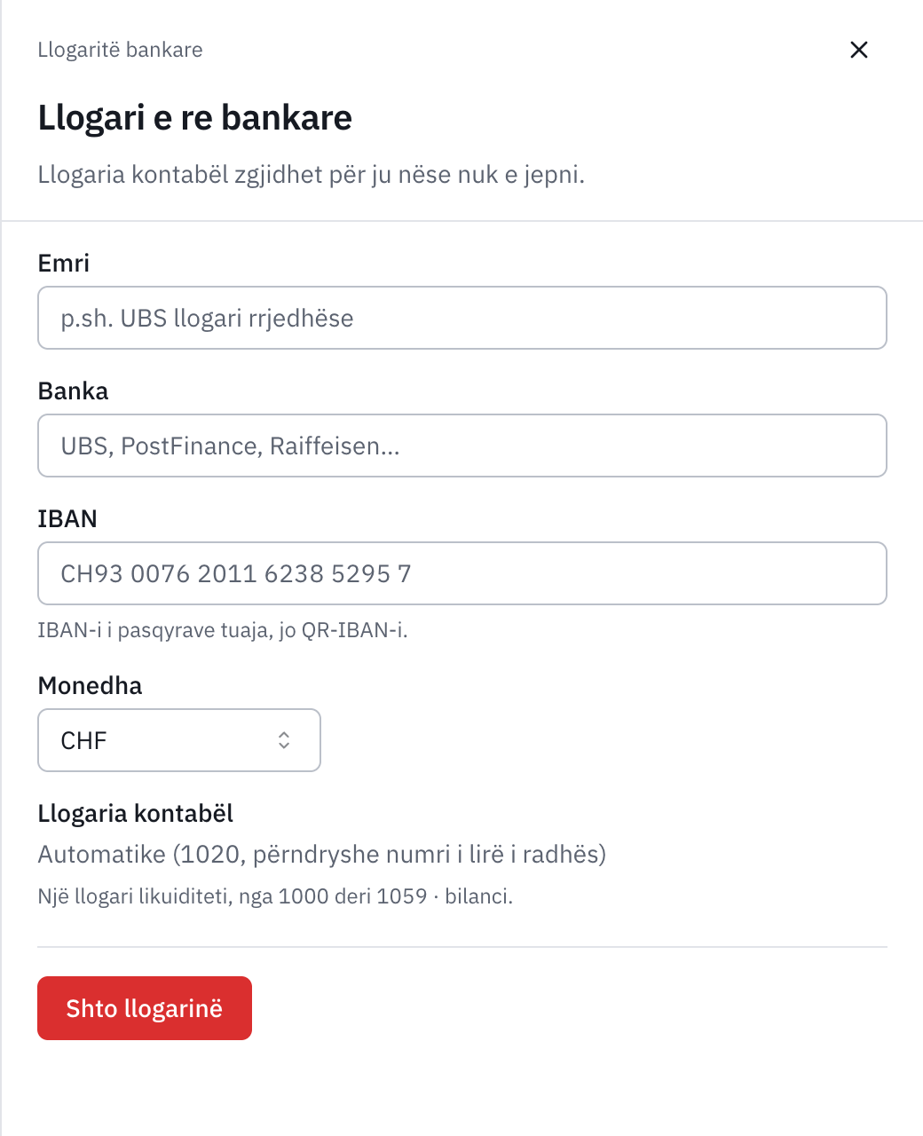Formulari Llogari e re bankare: emri, banka, IBAN-i, monedha, llogaria kontabël automatike dhe butoni Shto llogarinë.