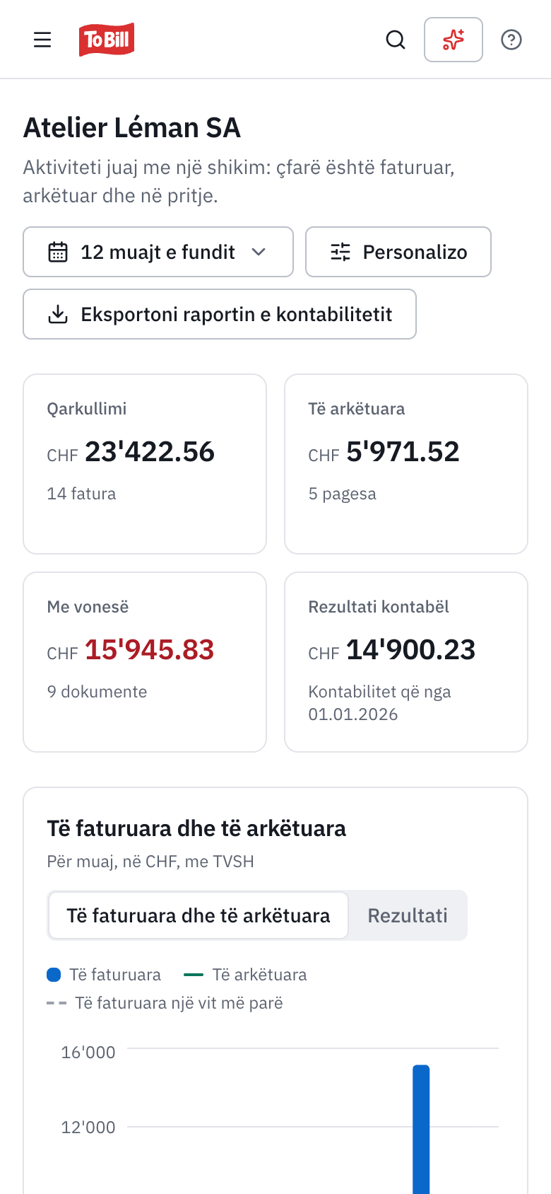 Tabela e kontrollit e To Bill në një telefon.