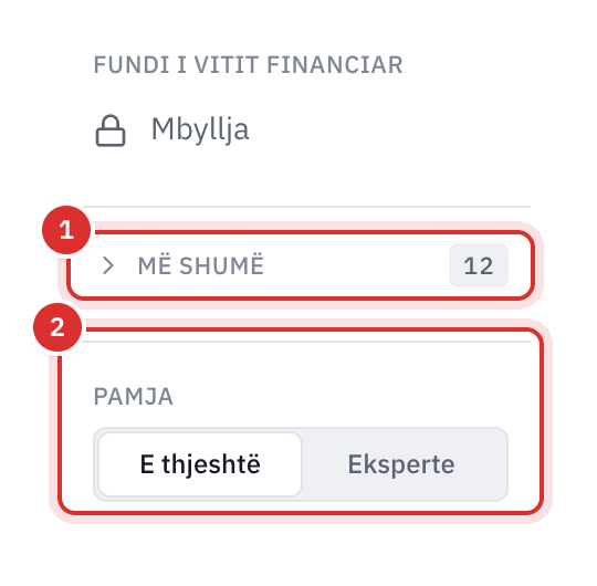 Fundi i menusë së kontabilitetit: grupi Më shumë i mbyllur, me numrin e dokumenteve që presin aty, dhe zgjedhja e pamjes E thjeshtë ose Eksperte.