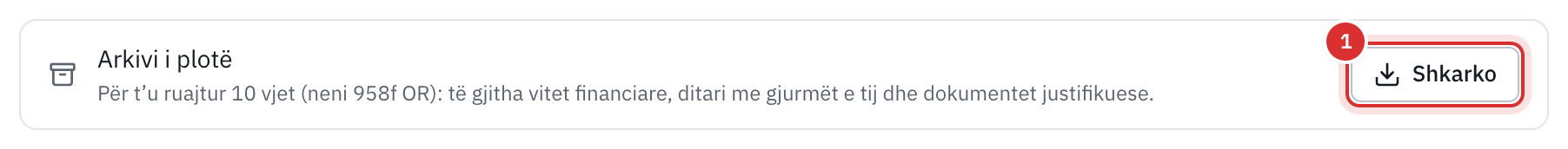 Rreshti Arkivi i plotë i faqes Eksportet, për t'u ruajtur dhjetë vjet, me butonin e tij Shkarko.