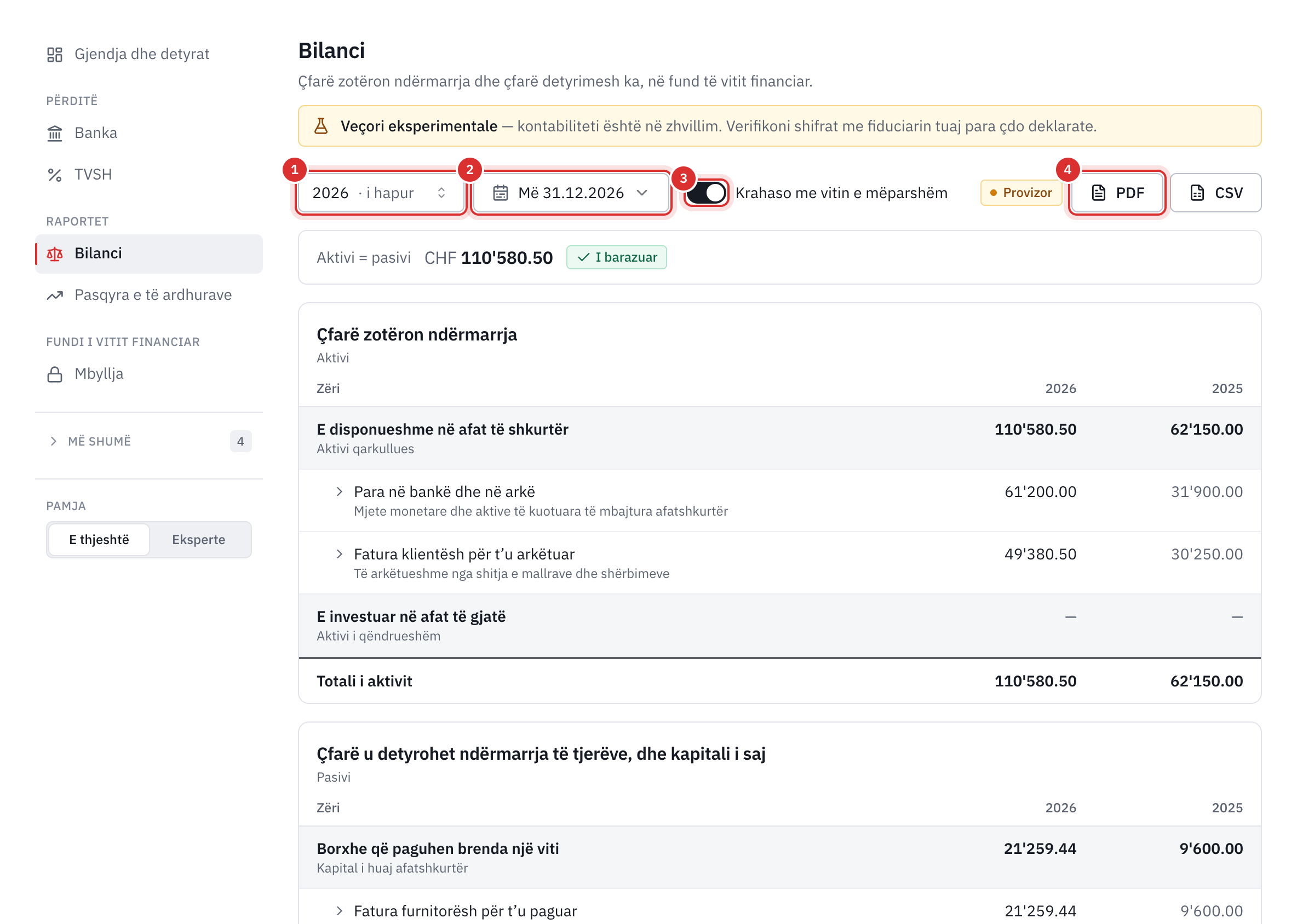 Bilanci: viti financiar, data, krahasimi me vitin e kaluar i aktivizuar, butonat PDF dhe CSV, pastaj aktivi i 2026 dhe i 2025.