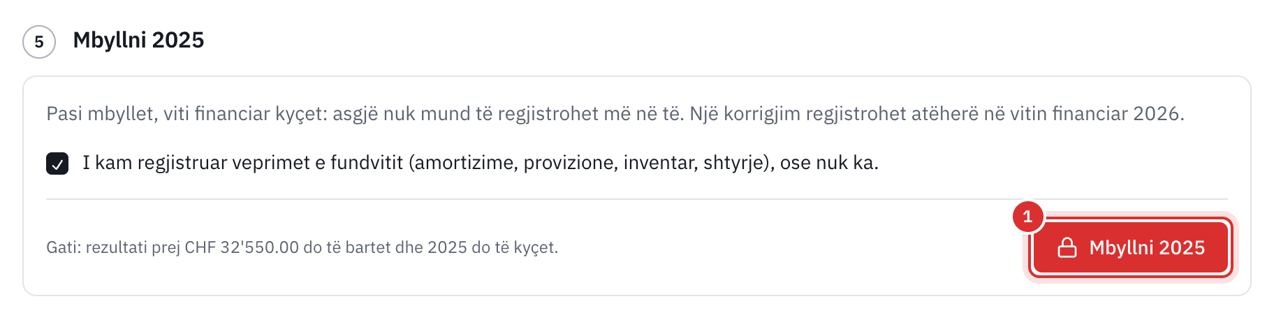 Hapi Mbyllni 2025: kutia e regjistrimeve të fundvitit e shënuar dhe butoni Mbyllni 2025.