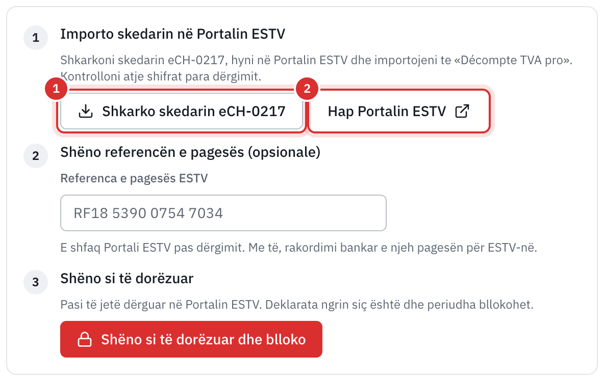 Hapi Importo skedarin në Portalin ESTV, me butonat Shkarko skedarin eCH-0217 dhe Hap Portalin ESTV.