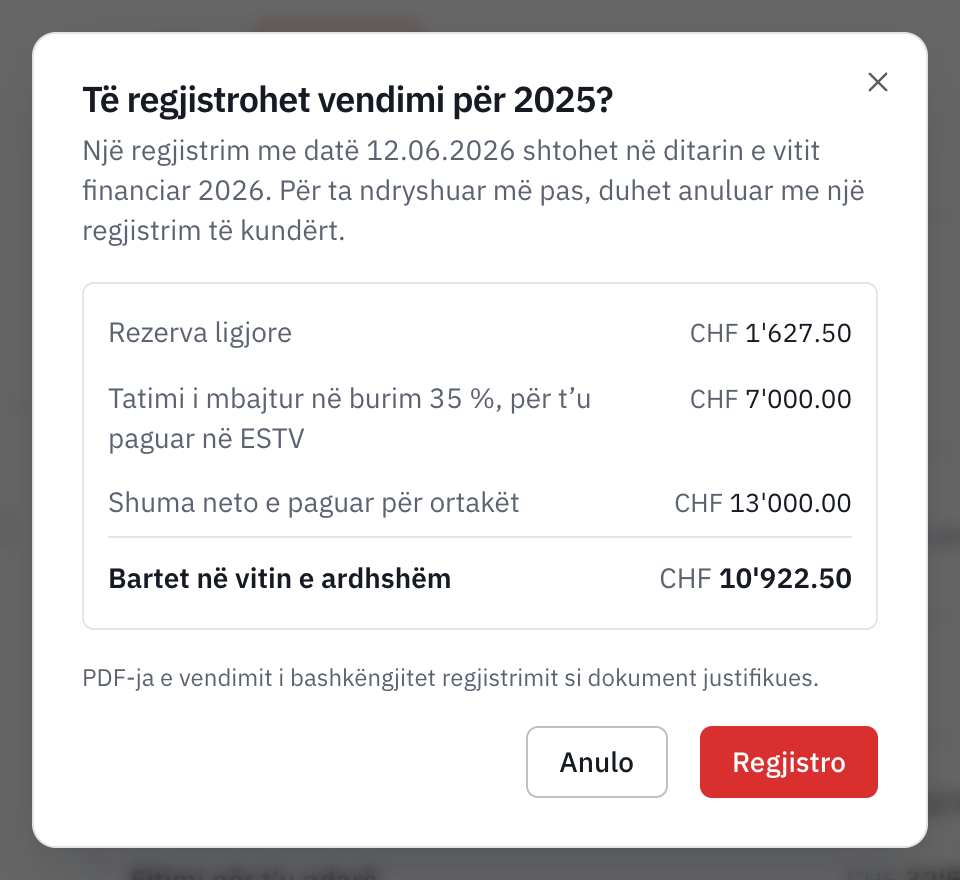Dritarja e regjistrimit të vendimit për 2025: regjistrimi me datë 12.06.2026, rezerva ligjore, tatimi i mbajtur në burim, shuma neto dhe pjesa e bartur.
