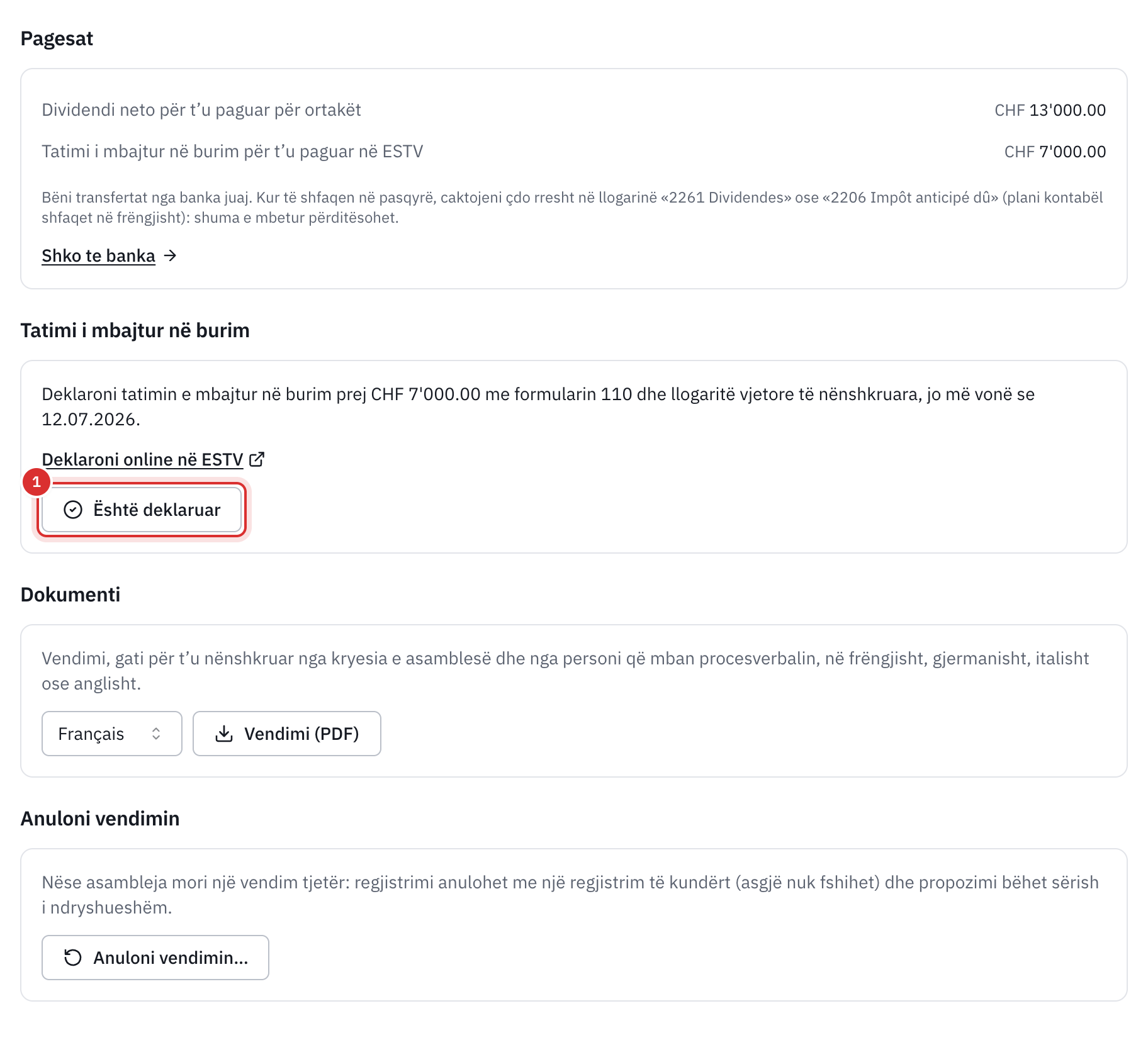Vendimi i regjistruar: dividendi neto dhe tatimi i mbajtur në burim për t'u paguar, deklarata me formularin 110 para 12.07.2026, butoni Është deklaruar dhe PDF-ja e vendimit.