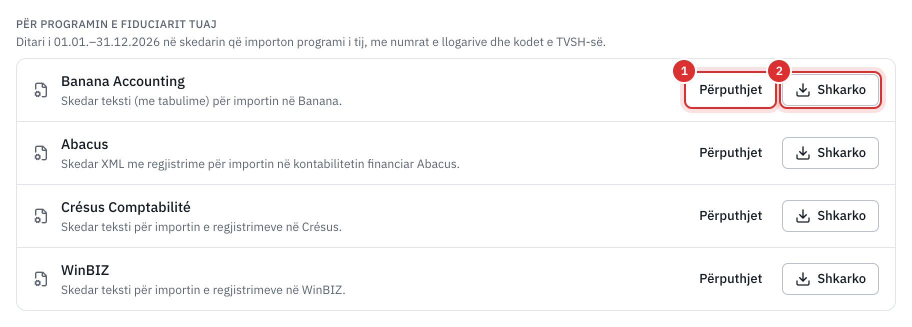 Katër programet e fiduciarëve, secili me butonat Përputhjet dhe Shkarko.