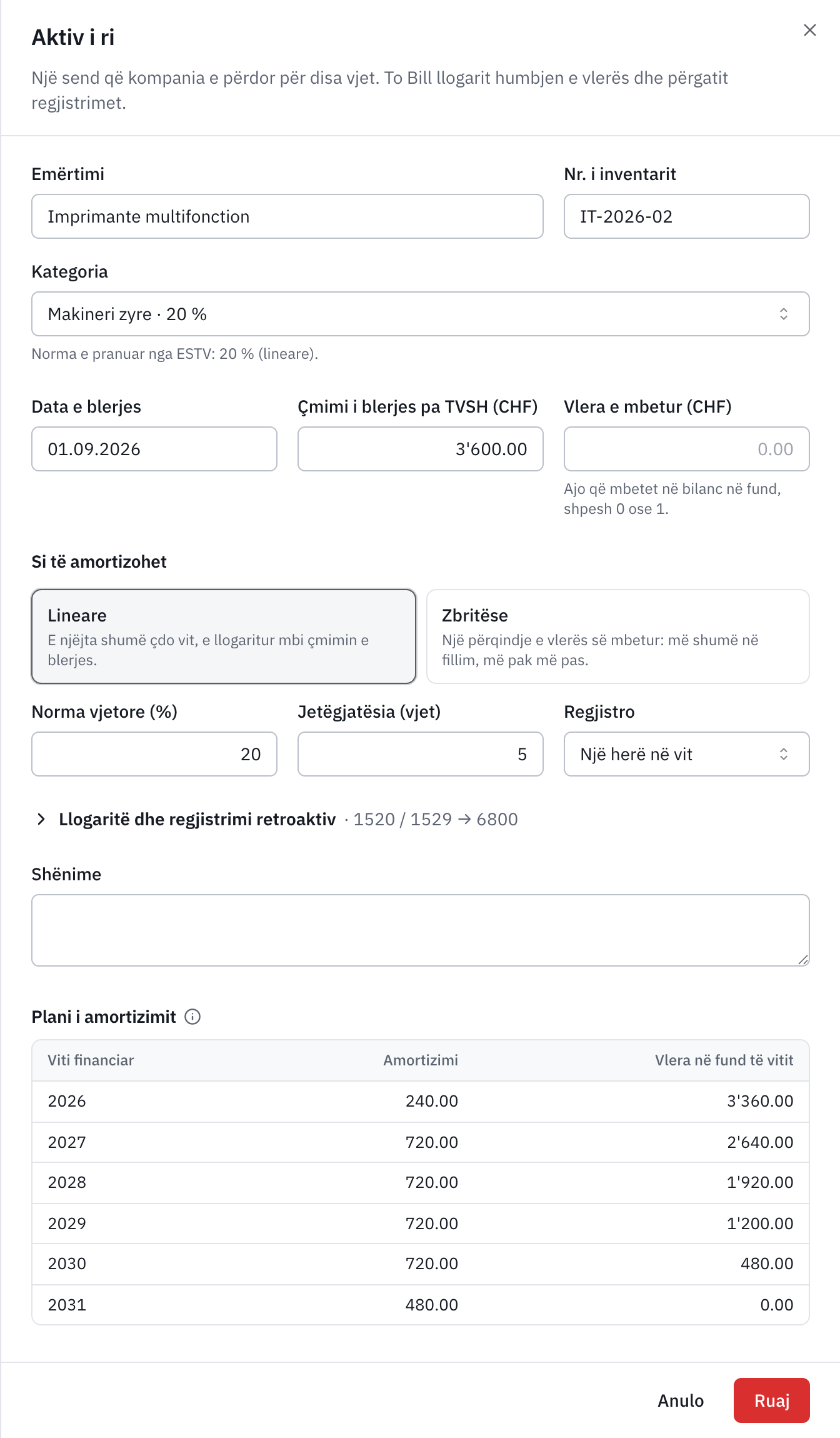 Formulari Aktiv i ri: një printer shumëfunksional, kategoria Makineri zyre me 20 %, lineare për 5 vjet, dhe plani i tij i amortizimit.