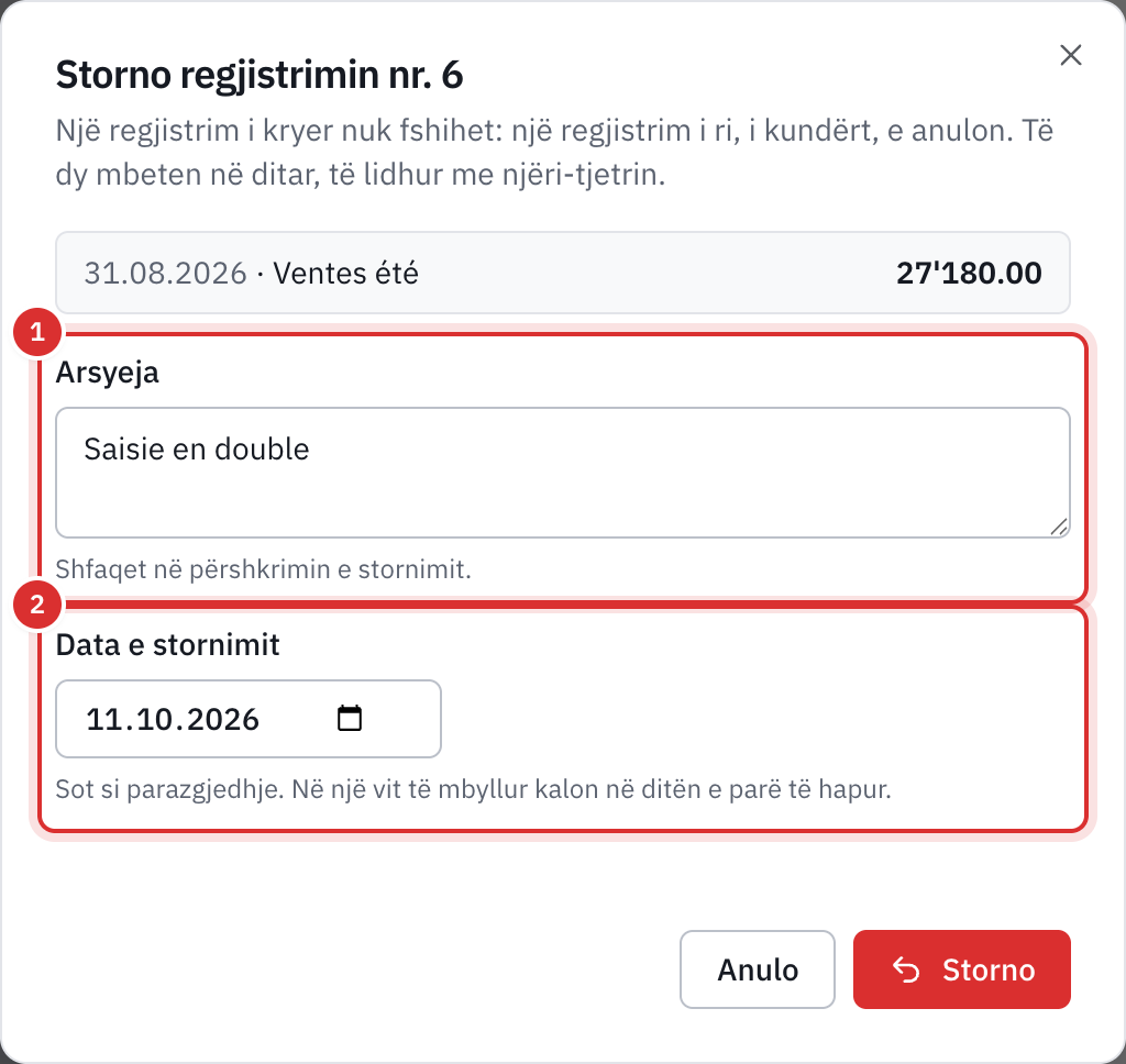 Dritarja e stornimit të regjistrimit nr. 6: arsyeja Regjistrim i dyfishtë dhe data e stornimit.
