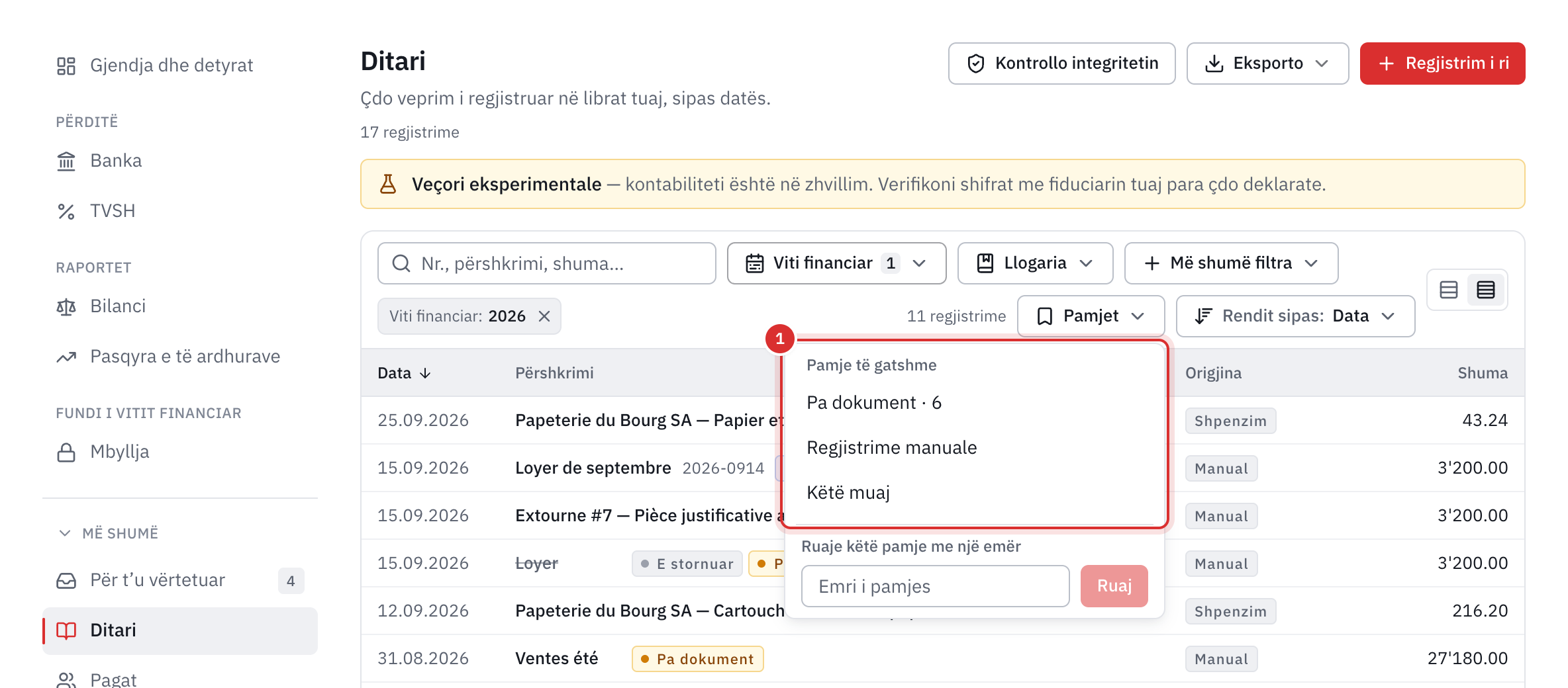 Menuja Pamjet e ditarit e hapur: Pa dokument, gjashtë regjistrime, pastaj Regjistrime manuale dhe Këtë muaj.