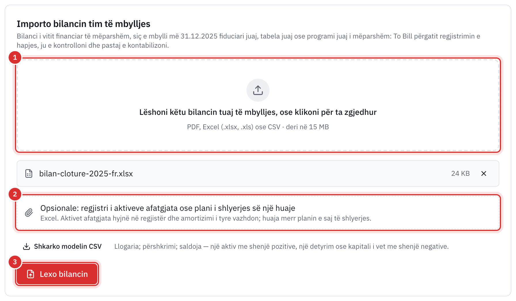 Kutia Importo bilancin tim të mbylljes: skedari i zgjedhur i bilancit, kutia opsionale e regjistrit të aktiveve afatgjata ose e planit të shlyerjes së huasë, dhe butoni Lexo bilancin.