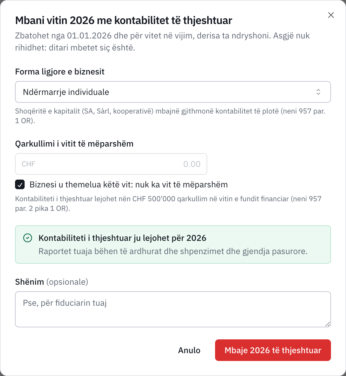 Dritarja Mbani vitin 2026 me kontabilitet të thjeshtuar: biznes individual i krijuar këtë vit dhe mesazhi Kontabiliteti i thjeshtuar ju lejohet për 2026.