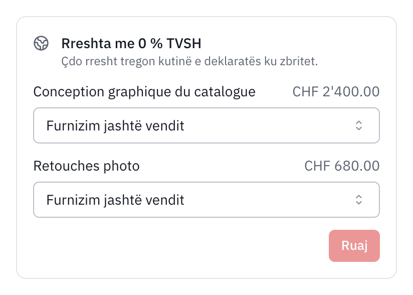 Korniza Rreshta me 0 % TVSH e një fature për një klient në Gjermani: dy rreshtat të klasifikuar si Furnizim jashtë vendit.