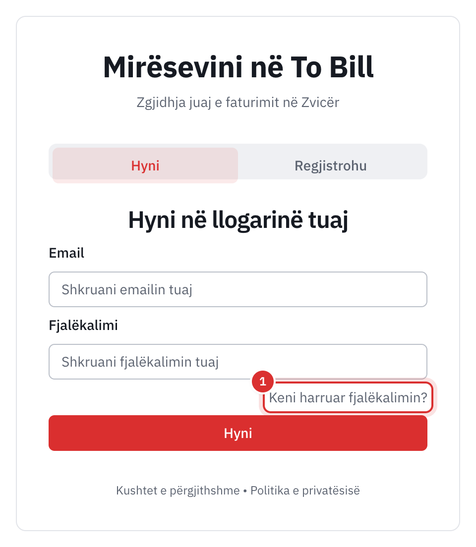 Faqja Hyni në llogarinë tuaj: e-maili, fjalëkalimi dhe lidhja për fjalëkalimin e harruar.