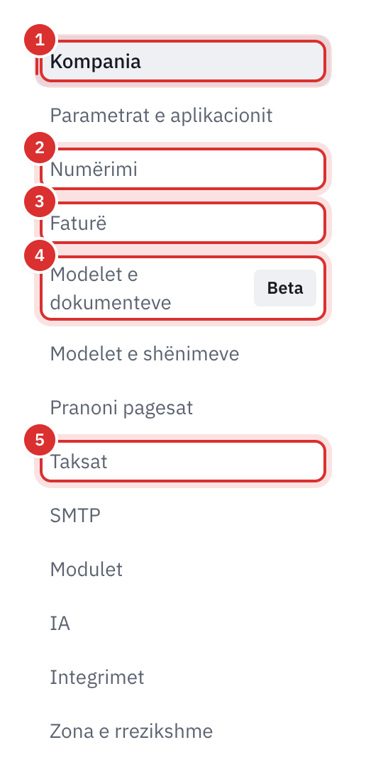 Menyja e cilësimeve, me Kompania, Numërimi, Faturë, Modelet e dokumenteve dhe Taksat të shënuara.