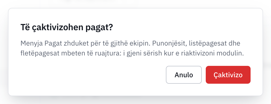 Dritarja Të çaktivizohen pagat? që shpjegon se menyja zhduket dhe të dhënat mbeten të ruajtura.