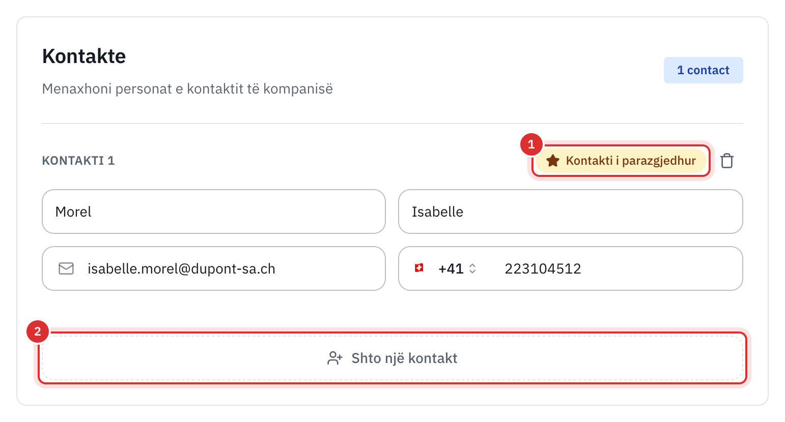 Seksioni Kontakte i kartelës së një kompanie, me një kontakt të parazgjedhur dhe butonin Shto një kontakt.