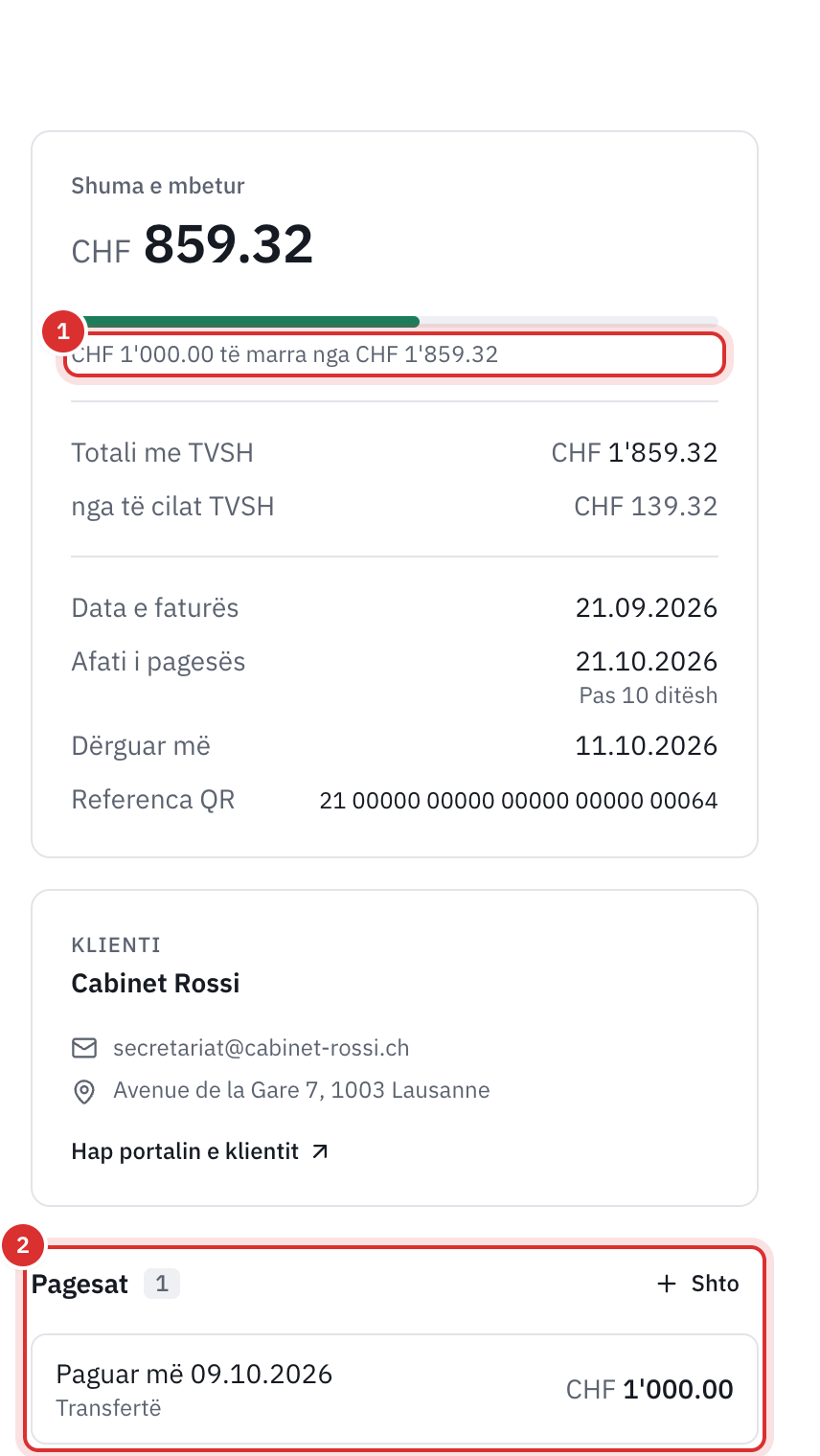 Përmbledhja e një fature të paguar pjesërisht: shuma e mbetur, shiriti i përparimit 1’000 CHF të marra nga 1’859.32 CHF, dhe seksioni Pagesat me transferimin e marrë.