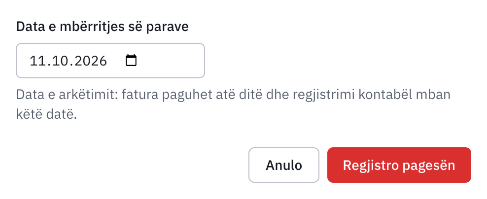 Dritarja Shëno faturën si të paguar, me datën e mbërritjes së parave dhe butonin Ruaj pagesën.