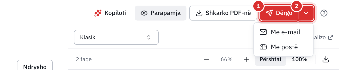 Pjesa e sipërme e redaktorit të një fature: butoni Dërgo dhe shigjeta e tij e hapur, me Me e-mail dhe Me postë.