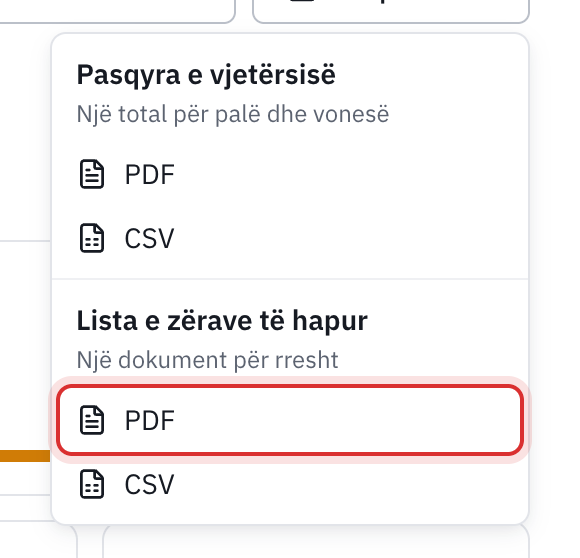 Menuja Eksporto: Pasqyra e vjetërsisë në PDF ose CSV, Lista e zërave të hapur në PDF ose CSV.
