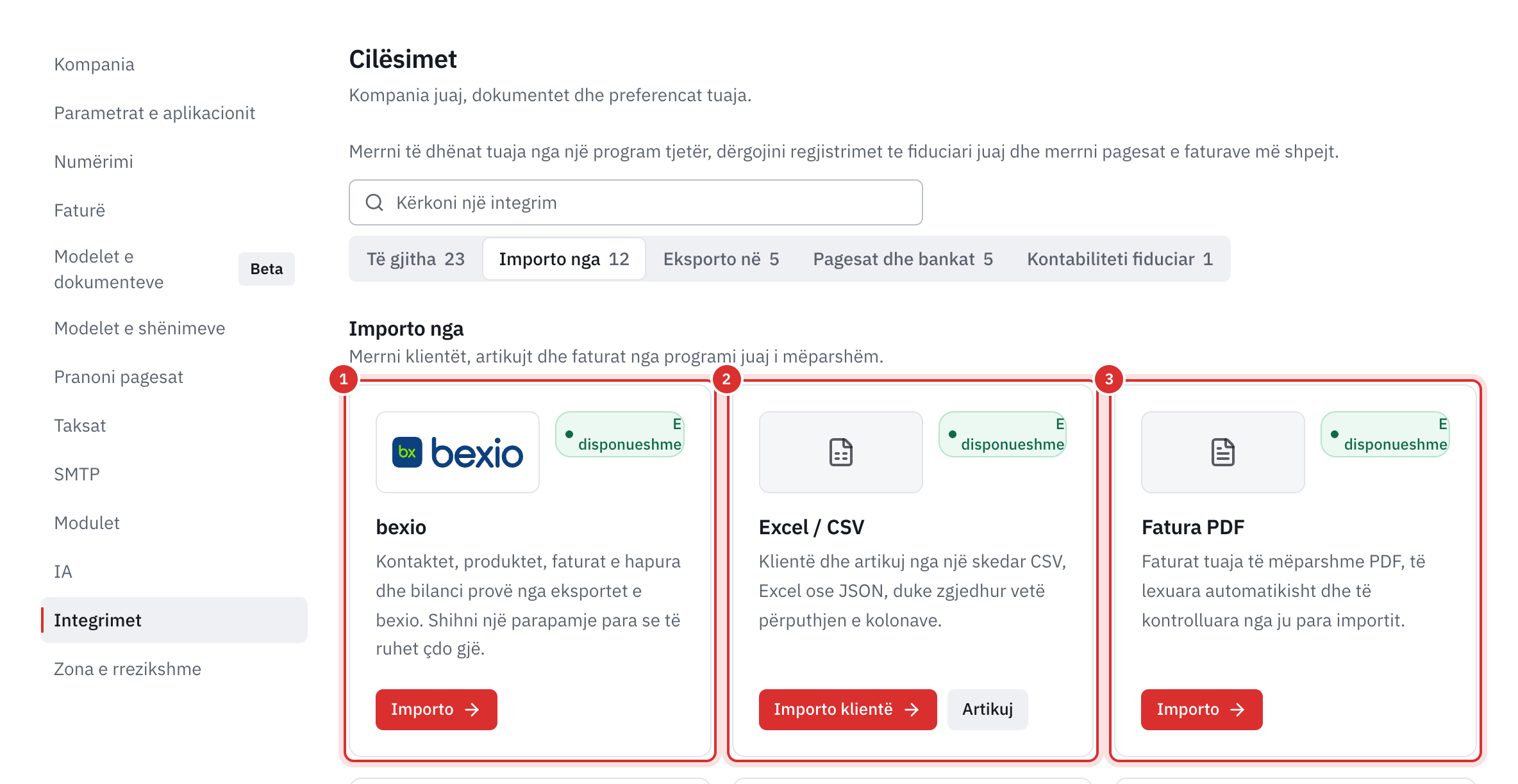 Cilësimet, Integrimet, kategoria Importo nga: kartat bexio, Excel / CSV dhe Fatura PDF, të disponueshme.