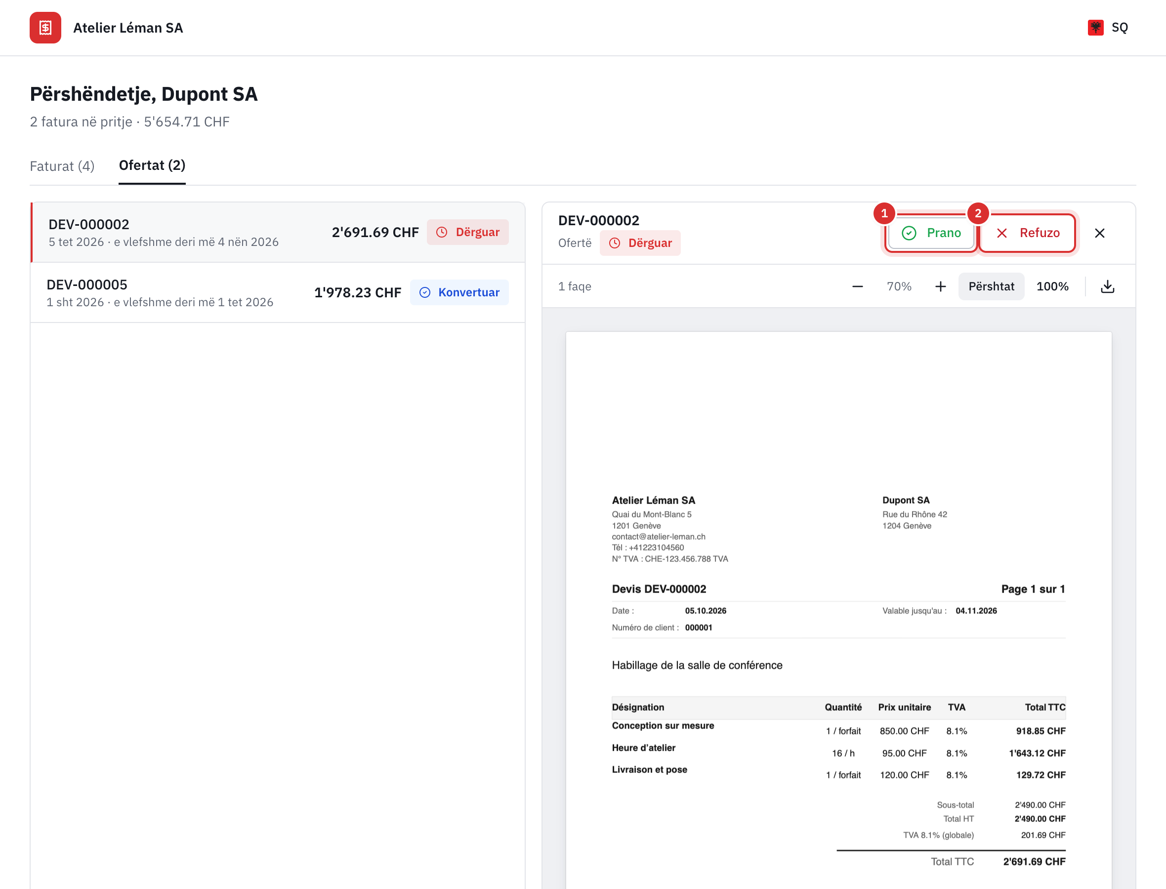 Një ofertë e dërguar e hapur në portal: butonat Prano dhe Refuzo, dhe PDF-ja e ofertës e përshtatur me gjerësinë, me numrin e faqeve, zmadhimin dhe shkarkimin.