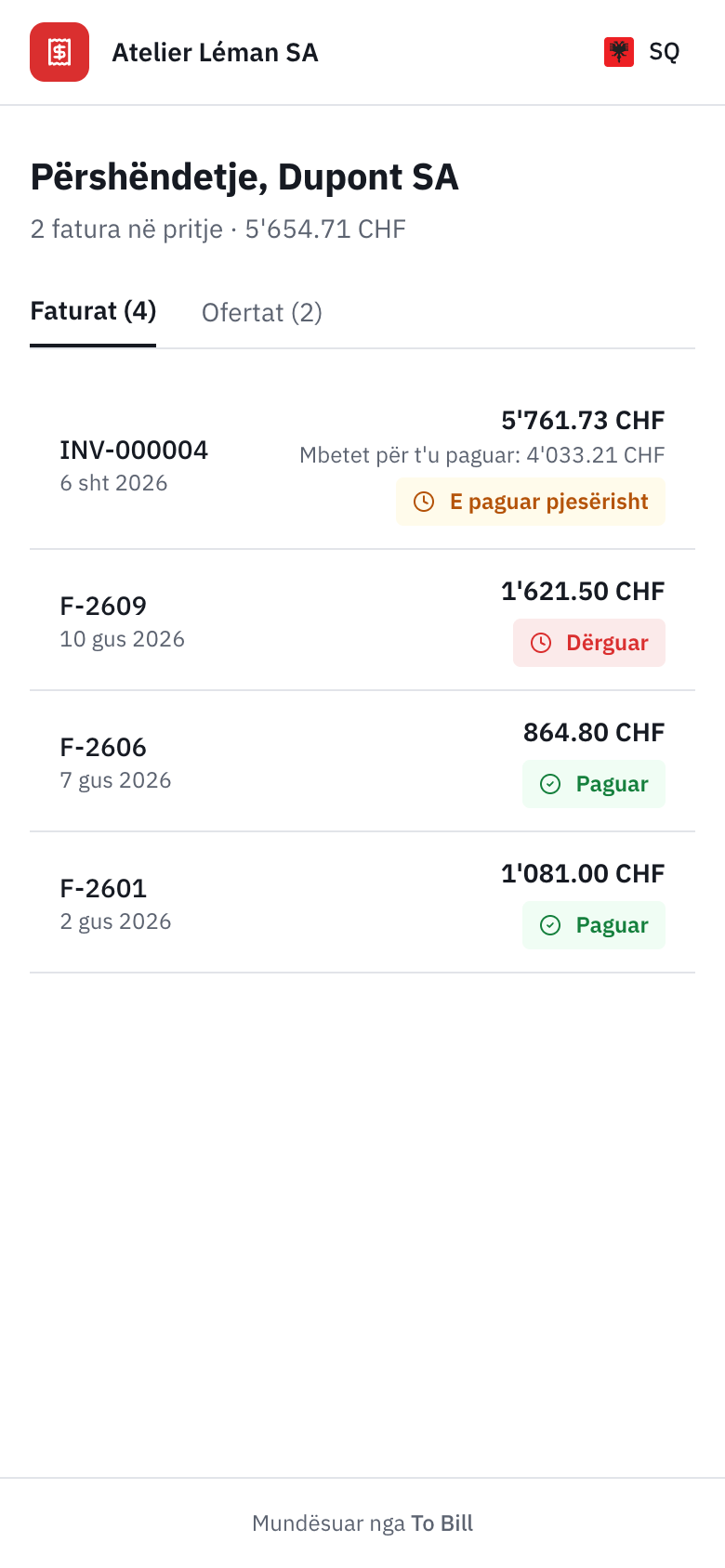 Portali i klientit në telefon, me listën e faturave.