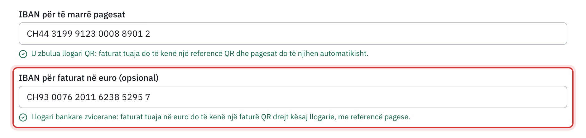 Fusha IBAN për faturat në euro e plotësuar, dhe rreshti i gjelbër: Llogari bankare zvicerane, faturat tuaja në euro do të kenë një faturë QR drejt kësaj llogarie, me referencë pagese.