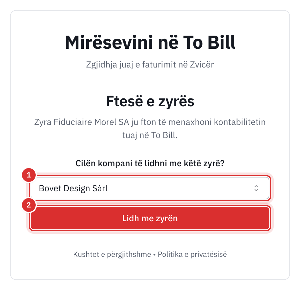 Faqja Ftesë e zyrës: zgjedhja e kompanisë dhe butoni Lidh me zyrën.