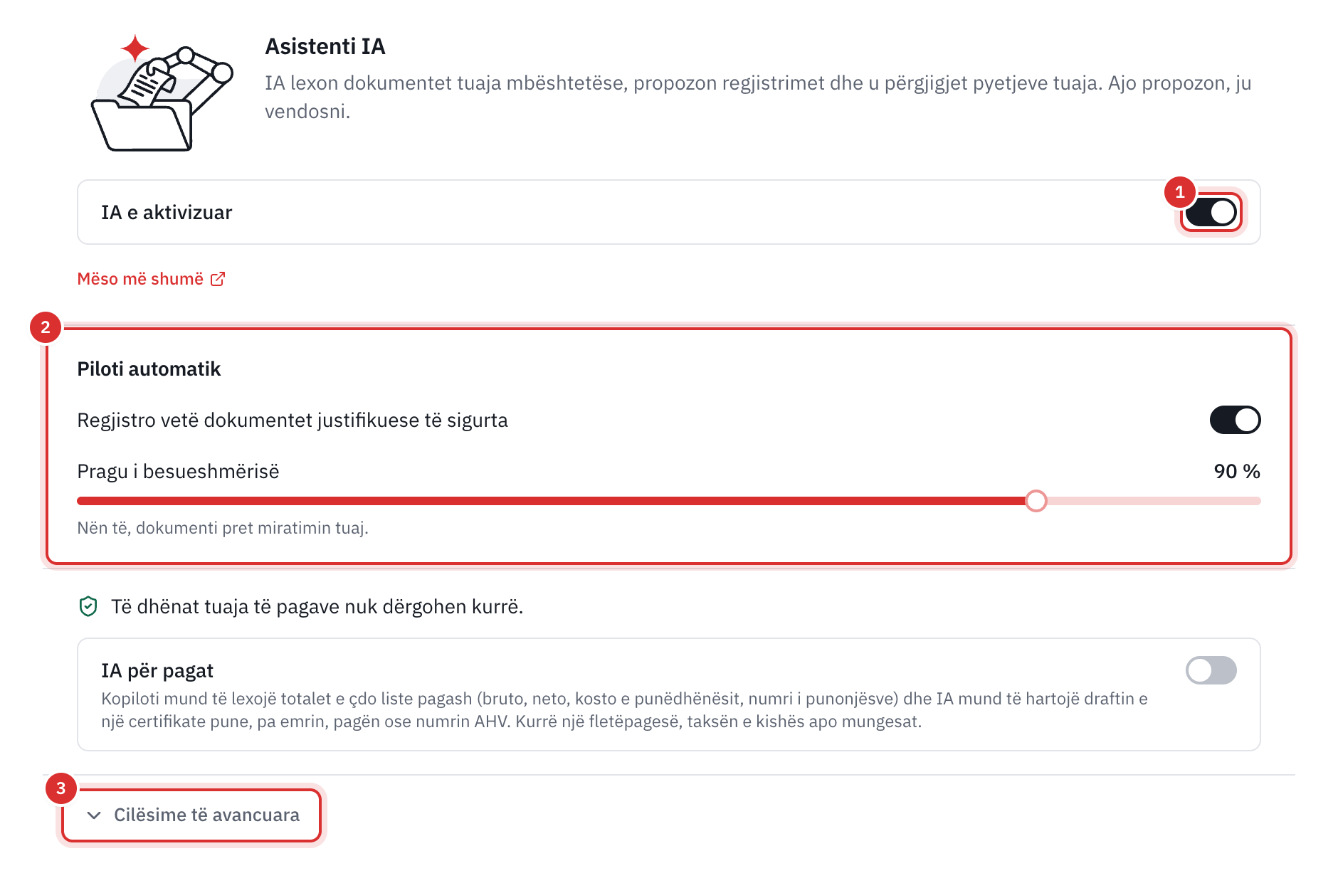 Faqja Cilësimet, IA: çelësi IA e aktivizuar, piloti automatik dhe lidhja Cilësime të avancuara.