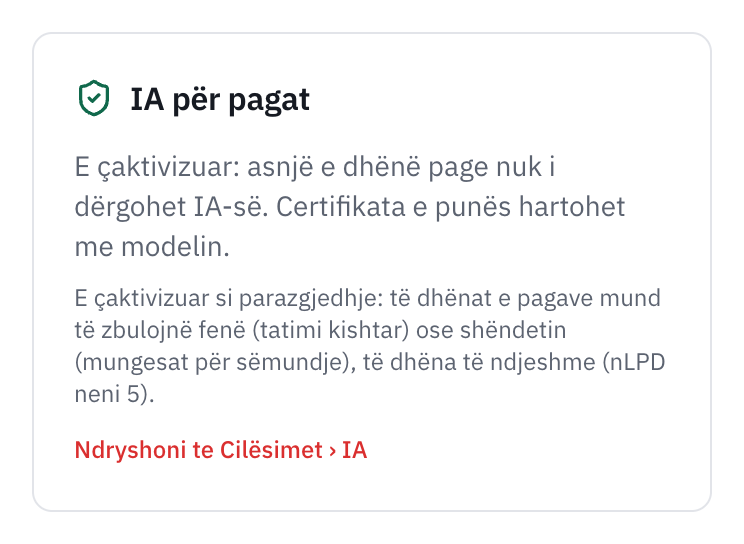 Karta IA për pagat e faqes Pagat, Sigurimet: e çaktivizuar, asnjë e dhënë page nuk i dërgohet IA-së, arsyeja dhe lidhja Ndryshoni te Cilësimet, IA.