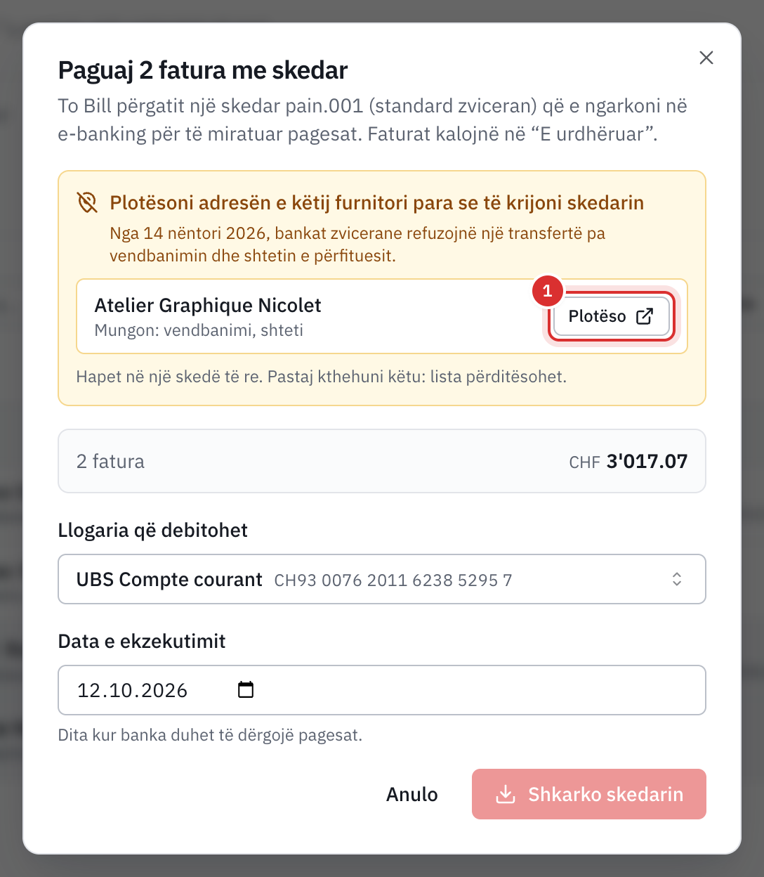 Dritarja e pagesës me paralajmërimin Plotësoni adresën e këtij furnitori para se të krijoni skedarin: Atelier Graphique Nicolet, mungojnë vendbanimi dhe shteti, me butonin Plotëso.