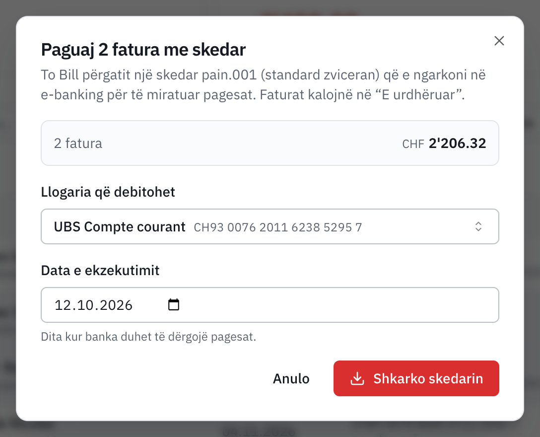 Dritarja Paguaj 2 fatura me skedar: totali, llogaria që debitohet UBS Compte courant, data e ekzekutimit dhe butoni Shkarko skedarin.