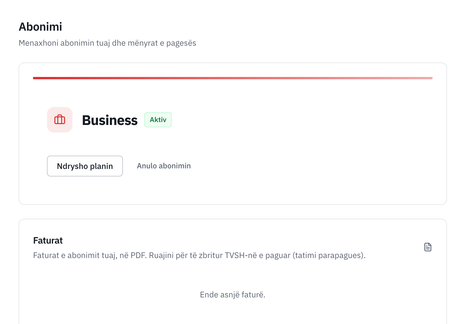 Faqja Abonimi: plani aktiv, butonat Ndryshoni planin dhe Anulo abonimin, dhe historia e pagesave.