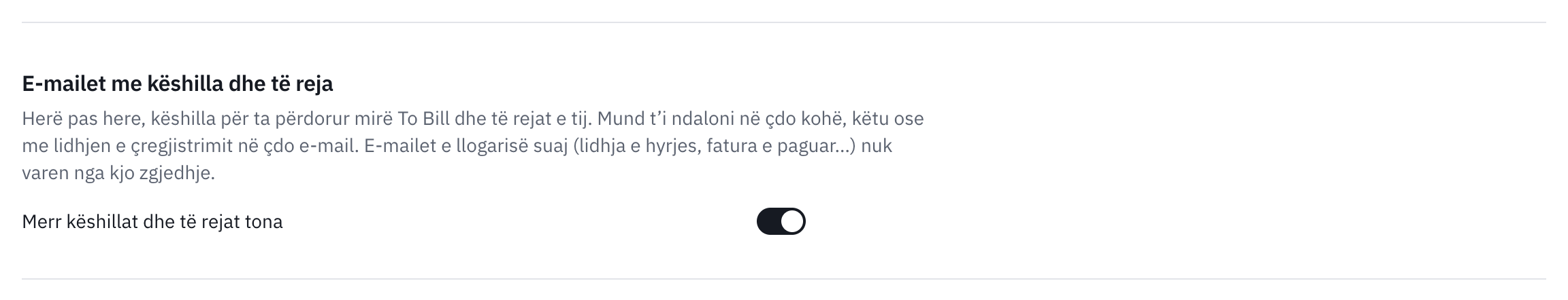 Pjesa E-mailet me këshilla dhe të reja te Llogaria ime: teksti që e shpjegon dhe çelësi Merr këshillat dhe të rejat tona, i ndezur.