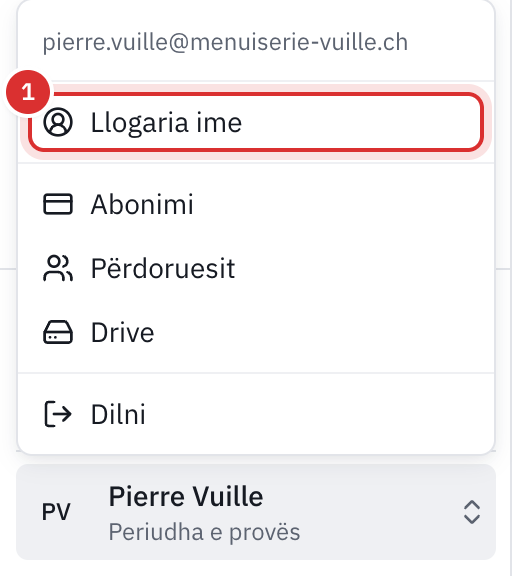 Menyja e llogarisë e hapur poshtë majtas: e-maili, Llogaria ime, Abonimi, Përdoruesit, Drive dhe Dilni.