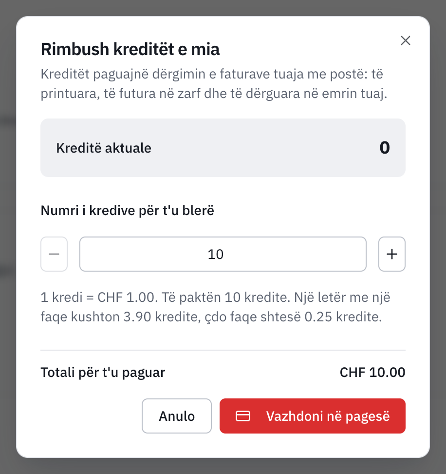 Dritarja Rimbush kreditët e mia: për çfarë shërbejnë kreditet (dërgimi i faturave me postë), kreditet aktuale, numri për t'u blerë, tarifa me minimumin prej 10 kreditesh dhe çmimi i një letre, dhe totali për t'u paguar CHF 10.00.
